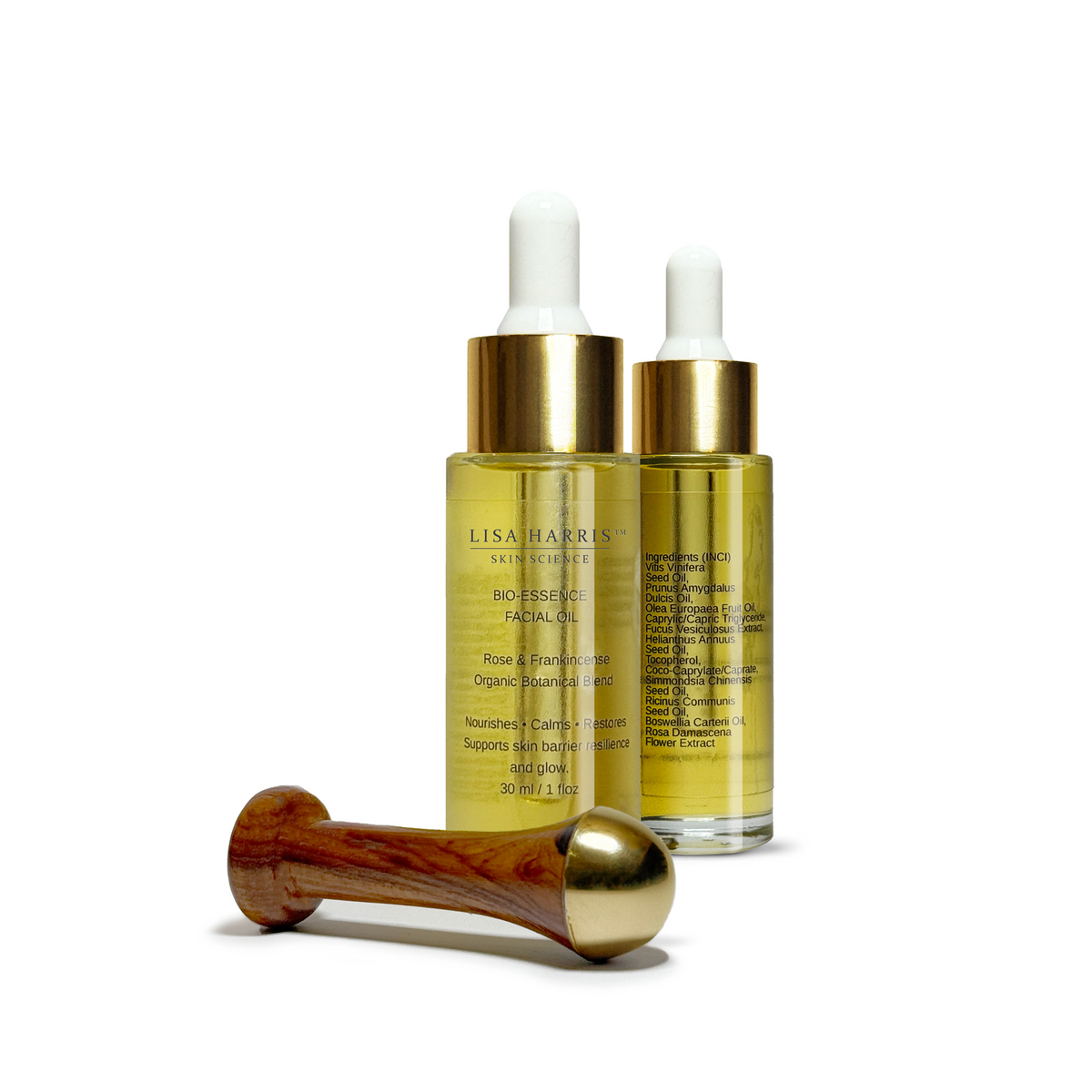 Bio-Essence facial oil by Lisa Harris Skin Science with ayurvedic Kansa wand